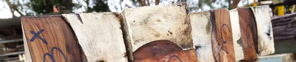 Recycled hardwood beams stacked at Moss Vale timber yard